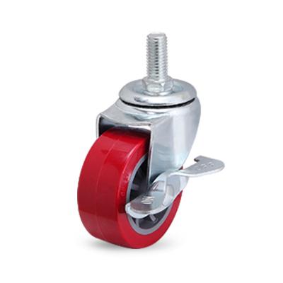 China 2inch Rigid Stem M10 Thread Screw With Brake PU Red Caster Wheel Office Home Hand Carts Small Wheel Customized Caster for sale