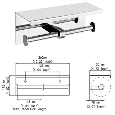 China Modern Double Paper Holder SUS304 Stainless Steel Bathroom Accessories Polished Chrome Tissue Roll Toilet Paper Holder With Phone Shelf for sale