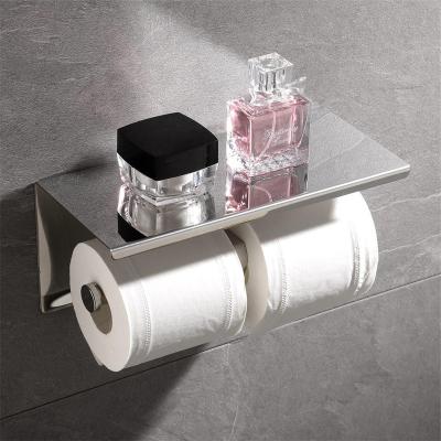 China 304 Stainless Steel Modern Storage Bathroom Tissue Holder Wall Mounted Toilet Paper Holder With Mobile Phone Storage Shelf for sale