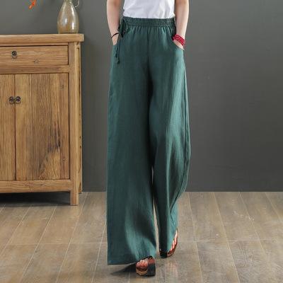 China Autumn New Style Women Fashion Wholesale Anti-wrinkle Solid Color Casual Loose Elastic Waist Pants Cotton Canvas Pocket Wide Leg Pants for sale