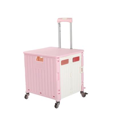 China Foldable Collapsible Serving Cart Rolling Crate Portable Handcart with Handle Durable Heavy Duty Plastic Telescoping Folding 4 Wheels for sale