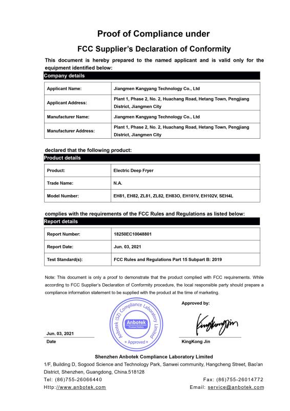 FCC - Jiangmen Kangyang Technology Co., Ltd.