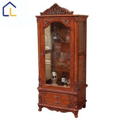 China Solid Wood Customized Wood Carving 4 Door Wine Cabinet With Drawer And Glass Shelf Storage Cabinet for sale