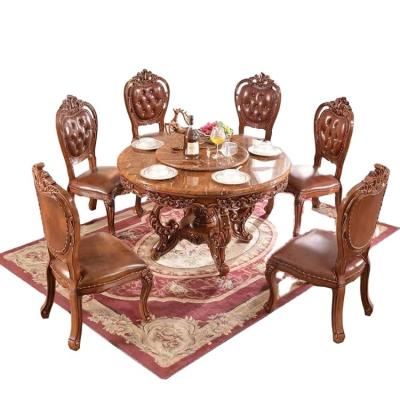 China Round Shape Hot Style Antique Hand Carving Solid Wood Dining Table Set With Marble Top for sale