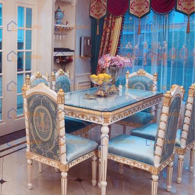 China Wood Respected European Style Dining Table Luxury Gold Leaf Wood Carving Dining Chair Dining 6 Chairs for sale