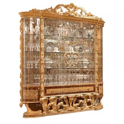 China Customize Luxury Classic Hand Made Carved Italian Antique Wooden Gold Glass Wardrobe for sale