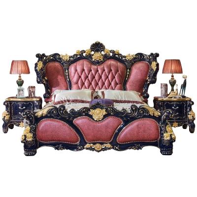 China Nailhead Trim European Style Master Bedroom Luxury Double Solid Wood Carved Leather Bed Furniture for sale