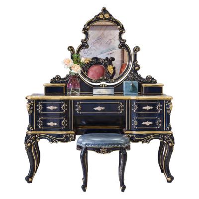 China Factory Wholesale Solid Wood European Rubber Wood Carved Dressing Table With Dressing Stools for sale