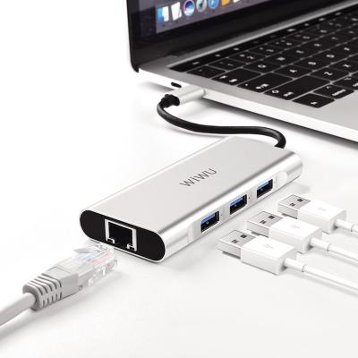 China Hot Selling WIWU Aluminum Alloy 6 in 1 Type-C HUB with USB 3.0 3 Port Type-C to Type-C 4K Charging USB C PD Charging Port for sale