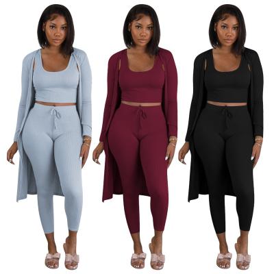 China 2022 New Workable Drop Three Piece Pants Set Solid Custom 3 Pieces Lounge Wear Sets Women Casual Elastic Pants Set for sale