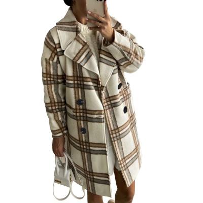 China Anti-wrinkle spring 2022 sleeve lapel raglane long sleeve cross plaid pattern women's long woolen jacket for sale