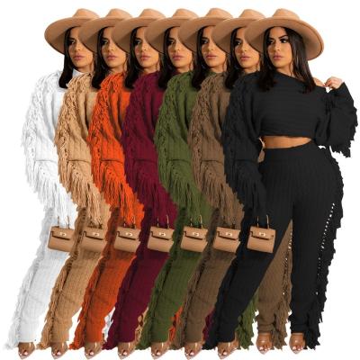 China Autumn Winter Anti-pilling Deep Knitted Designer Two Pcs Knit 2 Piece Pants Sets Women Sweater Ladies Sweater Sweater Set With Tassel for sale