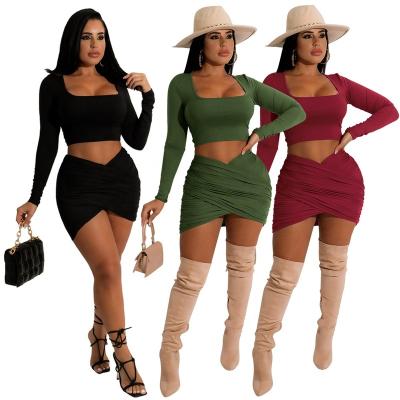 China New spring women's long sleeved solid color anti-pilling knitted nightclub style sexy two-piece suit for sale