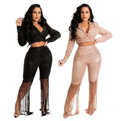 China Fashion Sequined Suit Anti-pilling Crop Top With Casual Mesh Stitching Sequined Wide Leg Pants Women's Two Piece Set for sale