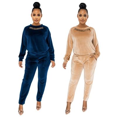 China Sustainable New Velvet Fashion Round Neck Long Sleeved Top With Pants Casual Women's Pencil Two Piece Suit for sale