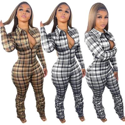 China Spring 2022 Womens Clothing Bodycon Jumpsuit Anti-pilling Zipper Up Stacked Pants Sheath Long Jump Suit Clothes Plaid Lady Jumpsuit for sale