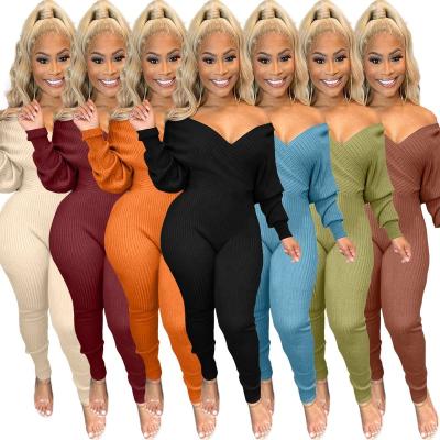 China 2022 Solid Color Anti-pilling Long Sleeve Sexy Women Outfits Off Shoulder Ribbed Stretch Lady Deep V-neck Overalls Woman 1 Piece Overalls for sale