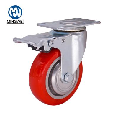 China Trolley Korea Standard Red Ball Bearing PU Caster Double Wheel With Brake For Trolley for sale