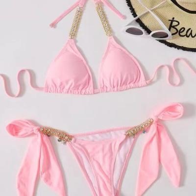 China 2022 Hot Sales Breathable Border Crystal Diamond Solid Lbandage Split Triangle Sexy Bikini Swimwear for sale