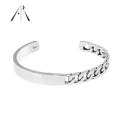 China Plain punk classic fashionable 925 sterling silver cuban adjustable cuff chain couples bracelet 925 hiphop vintage wide bracelets and bangles for woman and men for sale