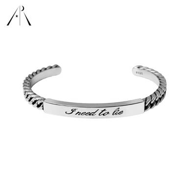 China Unique Vintage Solid 925 Sterling Silver Cuban Link Chain Bangle Bar Letter Engraved Adjustable Opening Bracelets and Bangles for sale