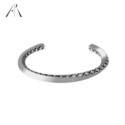 China 925 Punk Hip Hop Jewelry Vintage Silver Cross Engraved Wavy Adjustable Twist Open Cuff Polished Bangle Bracelet for sale