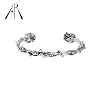 China Classic Original Embossed Female Bracelet Opening Branch S925 Sterling Silver Heavy Handmade Fashion Simple Design Flower Rose for sale