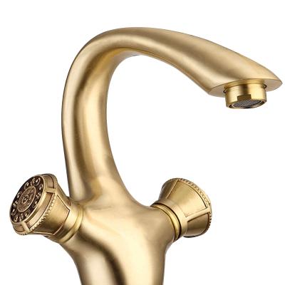 China Gold Handle Hotel Basin Mixer Taps Deck Mount Gold Handle Double Brushed Antique Brass Faucet for sale