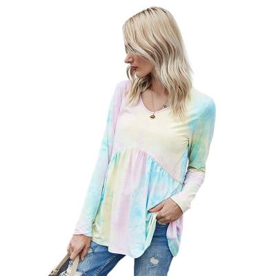 China Anti-Wrinkle Custom Tie Dye T Shirt Woman Woman Long Sleeves V-Neck Women T-Shirts for sale