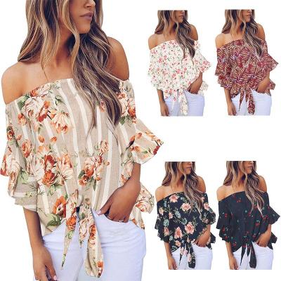 China Explosive Anti-wrinkle One-shoulder floral lace-up top flared European style beauty sheath S T-shirt shorts designer wholesale Women&'s for sale