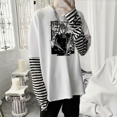 China Funny T-shirt Harajuku Manga Loose Casual Striped Tshirt Jujutsu Kaisen Zenin Maki Printed Long-Sleeve Anti-wrinkle Men's Anime T-shirt for sale