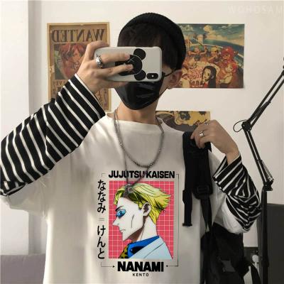 China Japanese Anime Jujutsu Kaisen Long Sleeve T-shirts Women Harajuku Cartoon Nanami Kento Printed Unisex Oversized Anti-Wrinkle Striped T-shirts for sale