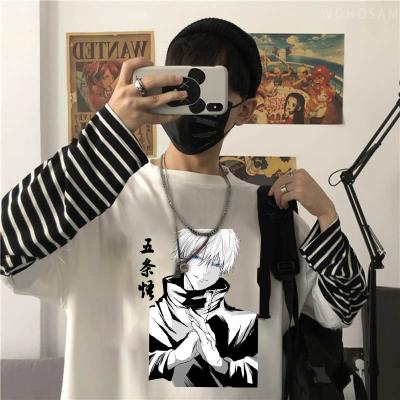 China Unisex Funny T-Shirts Gojo Satoru Print Summer Oversized Cartoon Tops Jujutsu Kaisen Manga Fake Two Pieces Anti-wrinkle Harajuku Anime Shirts for sale