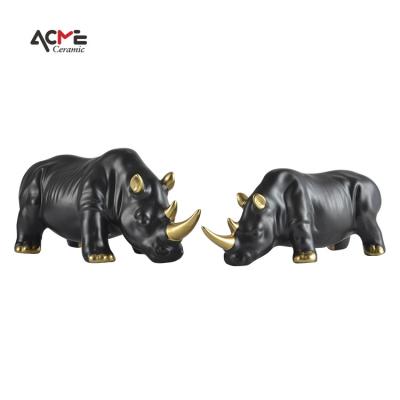 China China Decor Minimalist Home Rhino Figurine Gold Sculpture Ceramic Animal Rhino Crafts Ornament For Living Room for sale