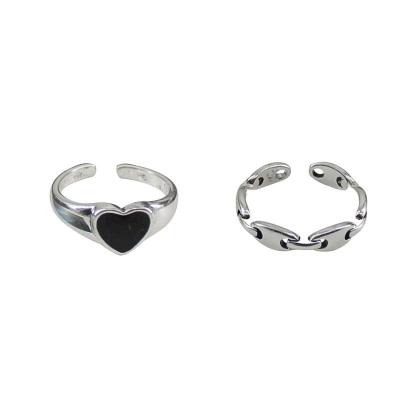 China Silver Open Ring Ladies Ring Zinc Alloy Chain Buckle Ring Women 2/set Black Oil Drip Heart Fine Jewelry Fashion Punk Jewelry for sale