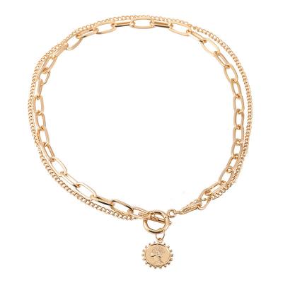 China Trendy Double Chain Gold Necklace Jewelry Accessories Fashion Shape Clavicle Chain Human Head Dangling Zinc Alloy Woman Girl Short Part for sale