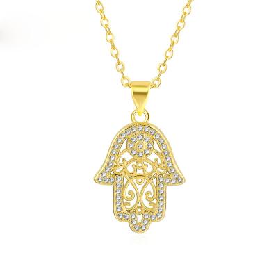 China TRENDY White Gold Plated Jewelry Pattern CZ Micro Hollow Paved Hamas Hand Cubic Zircon Pendant Necklace for sale