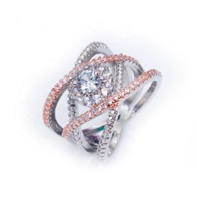 China Luxury Brass With Platinum CZ Ring Pink Cubic Zirconia Crisscross Pave Micro Ring For Engagement Wedding for sale