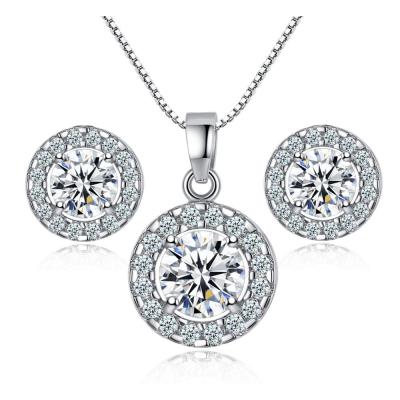 China Fashion CZ Micro Pave Round White Gold Plated Cubic Zircon Necklace And Earring Jewelry Set for sale