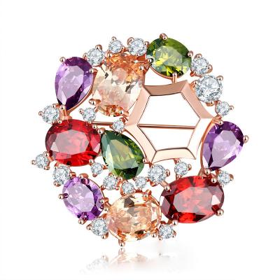 China Vintage 18K Rose Gold Plated Elegant Colorful Zircon Crystal Round Gemstone Brooch Brooch For Women for sale