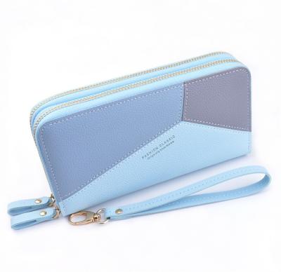 China Waterproof PU Leather Multi Colors Women Pinch For Ladies Fashion Double Zipper Waterproof Wallet Long Polyester for sale