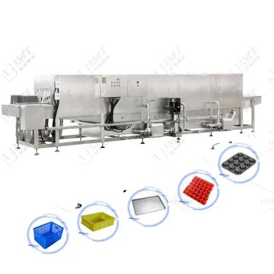 China High Spray Wasmachine Reinigingsmachine Voor Plastic Turnover Basket Trays Egg Tray Crate Wasmachine Tunnel Te koop