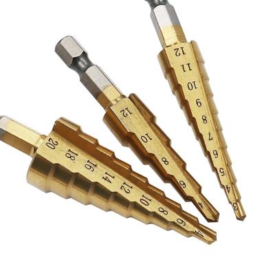 China High Quality Wood Drilling HSS Flute Step Straight Drill Bit Set Metal Hole Cutter Pagoda Titanium Coated Wood Drilling Bit Set for sale