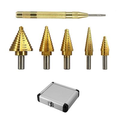 China 5Pcs Wood Titanium Coated Hss Drilling Step Drill Bits Set Multiple Hole With Aluminum Case for sale