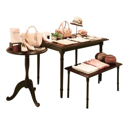 China Showing Goods Custom Bag Stand Up Leg Display Table Frame Clothing Store Cabinet Display Rack Mahogany Retail Store Furniture for sale