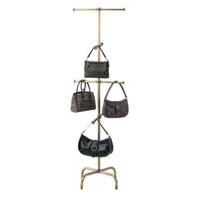 China Displaying Goods Bag Rack - Decorative Antique Gold Clothing Store Display Rack With Rustic Wood Shelf for sale