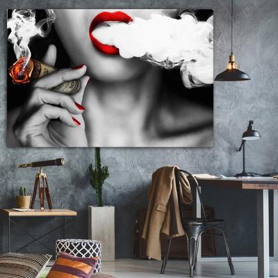 China Red Lipped Smoking Wall Art Canvas Painting Abstract Woman Wall Art for Living Room Home Decor (No Frame) for sale