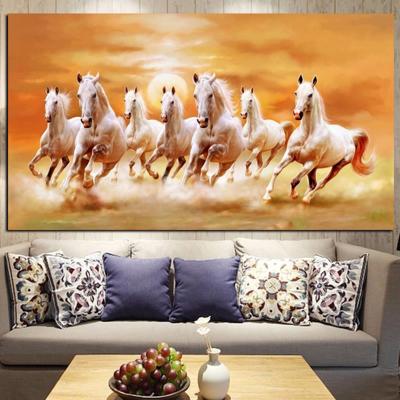 China Abstract Seven White Horse Running Animals Painting Wall Art For Living Room Home Decor (No Frame) for sale