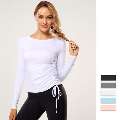 China Cheap Breathable Women Elastic Drawstring Top Fitted Long Sleeve Gym Fitness Yoga Tops Sport Shirts for sale