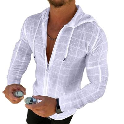 China 2023 Beach Men's Summer Anti-pilling Long Sleeve Shirt Casual Cotton Canvas Plaid Men's Hawaiian European and American Zipper Cardigan Shirt for sale